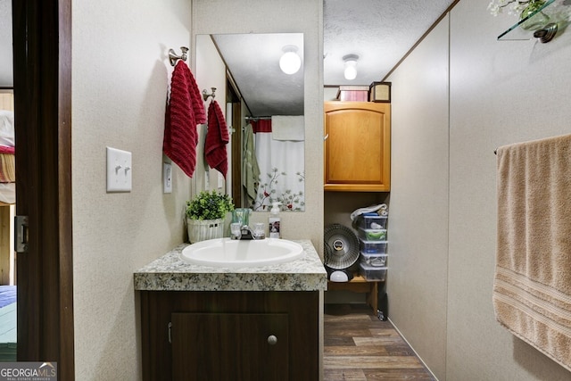 bathroom featuring a textured ceiling, hardwood / wood-style flooring, and large vanity