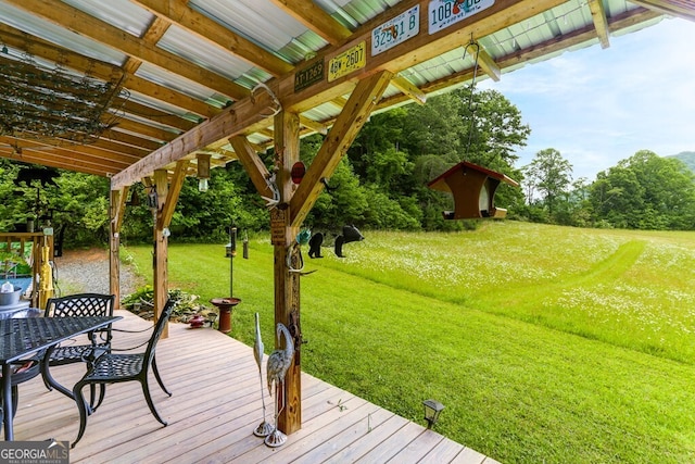 wooden terrace featuring a yard