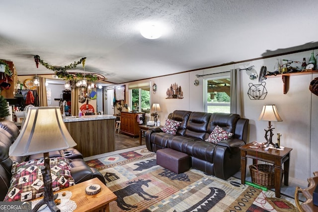 living room with wood-type flooring, a textured ceiling, and crown molding