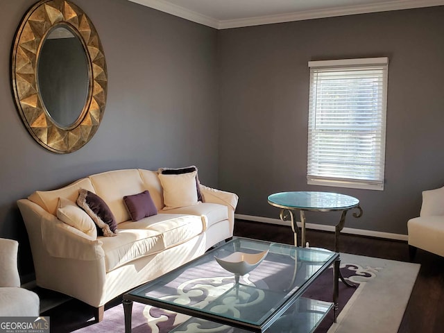 living room featuring crown molding and hardwood / wood-style flooring