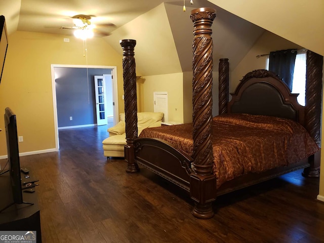 bedroom with dark hardwood / wood-style flooring, ceiling fan, and lofted ceiling