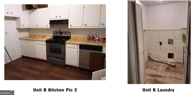 kitchen with dishwasher, exhaust hood, white cabinetry, dark wood-type flooring, and electric stove