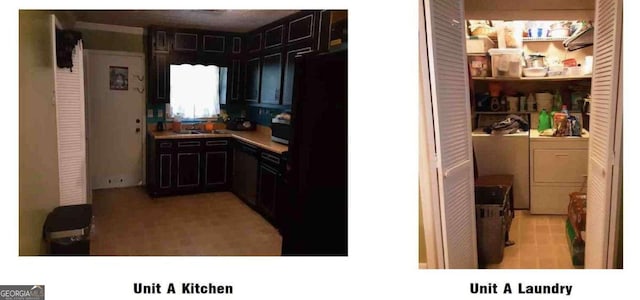 kitchen featuring dark brown cabinetry, washing machine and dryer, light tile floors, and black refrigerator