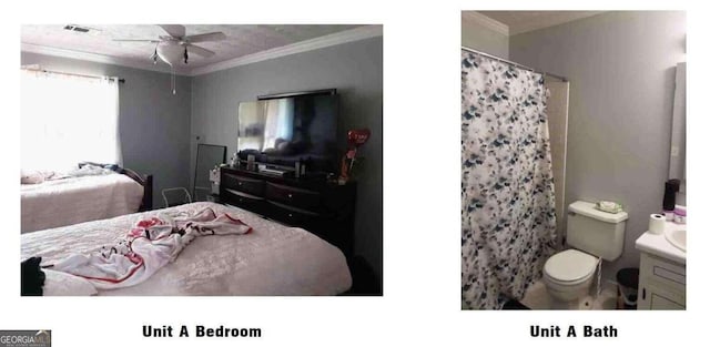 bedroom featuring crown molding and ceiling fan