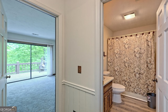 bathroom with vanity, a shower with curtain, and toilet