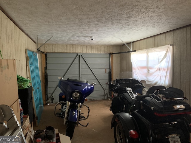 garage featuring wood walls