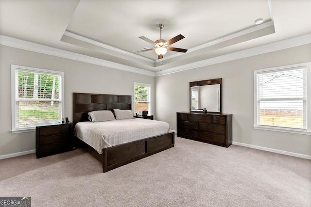 carpeted bedroom with a raised ceiling, ceiling fan, and crown molding