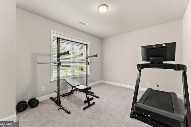 workout area with carpet floors