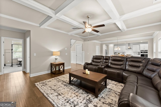 living room featuring beamed ceiling, dark wood-type flooring, ceiling fan, and coffered ceiling