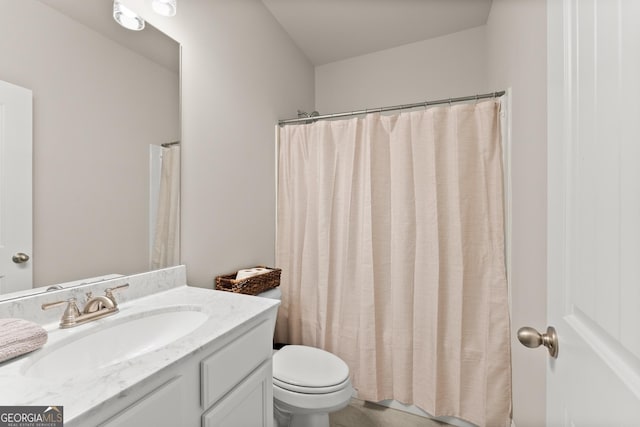 bathroom featuring vanity, curtained shower, and toilet