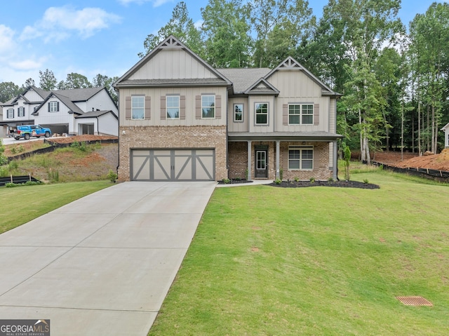 craftsman-style home with a garage and a front lawn