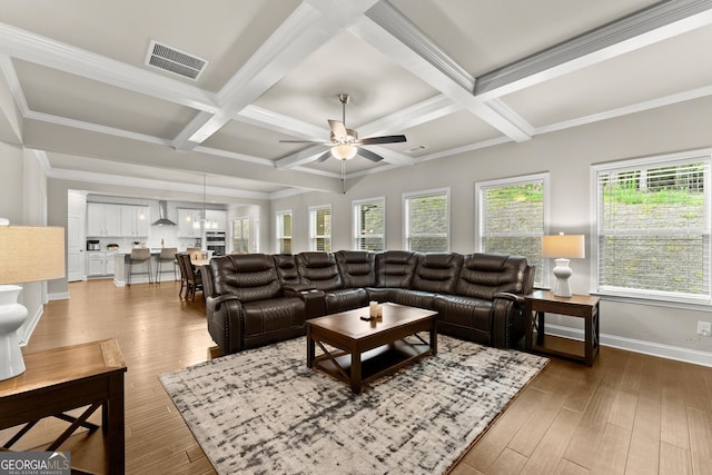 living room featuring hardwood / wood-style floors, coffered ceiling, and beam ceiling