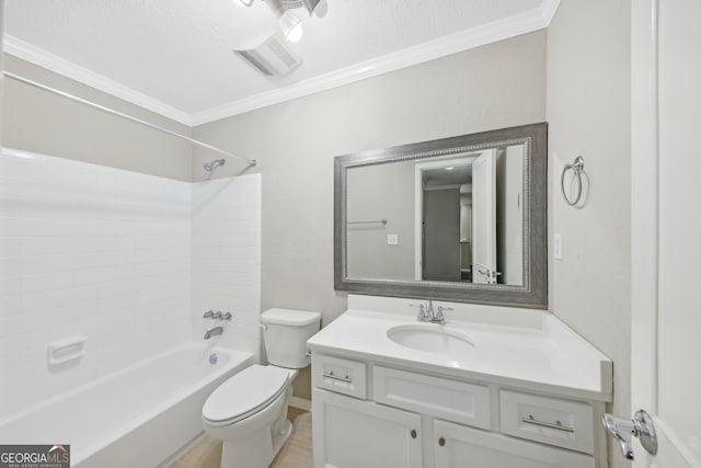 full bathroom with shower / washtub combination, toilet, a textured ceiling, vanity, and ornamental molding