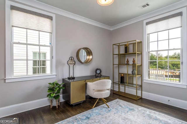 office area featuring dark hardwood / wood-style flooring and ornamental molding