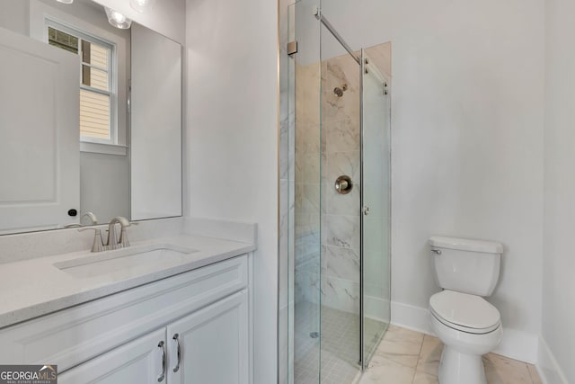 bathroom with toilet, vanity, and walk in shower