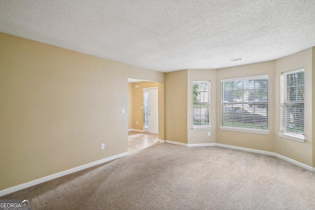 spare room featuring a textured ceiling and light colored carpet