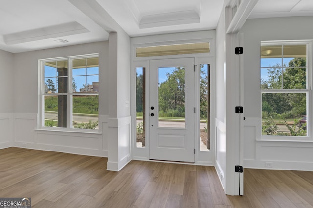 foyer featuring light hardwood / wood-style flooring and a raised ceiling