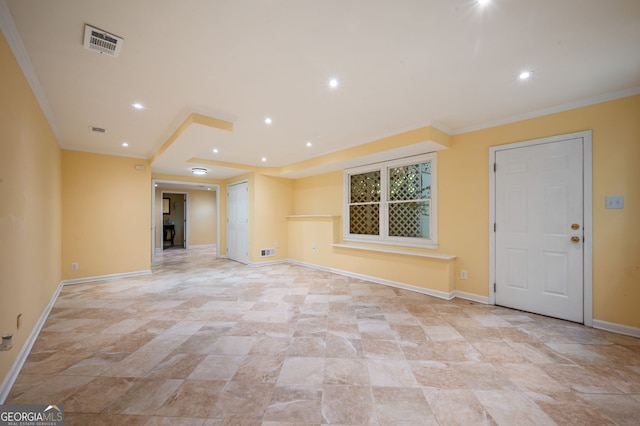 unfurnished living room featuring crown molding and light tile patterned flooring