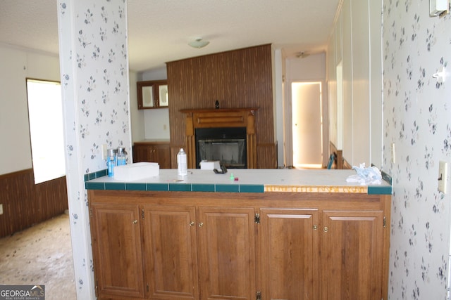 kitchen with wood walls, kitchen peninsula, and a fireplace