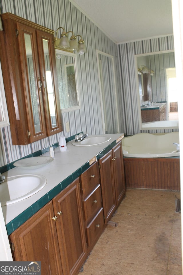 bathroom featuring vanity and a bath