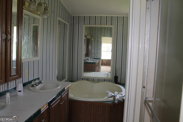 bathroom with a bath, vanity, and a textured ceiling