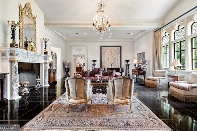 dining space featuring an inviting chandelier, crown molding, and dark tile floors