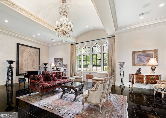 tiled living room featuring a notable chandelier and ornamental molding