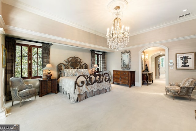 bedroom with ornamental molding, carpet flooring, and an inviting chandelier