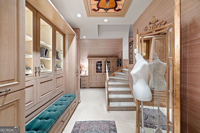 entrance foyer with light carpet and a raised ceiling