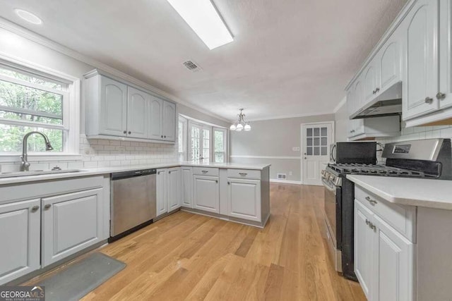 kitchen featuring sink, stainless steel appliances, light hardwood / wood-style floors, and ornamental molding