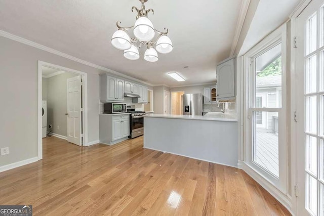 kitchen featuring appliances with stainless steel finishes, light hardwood / wood-style flooring, a chandelier, gray cabinetry, and kitchen peninsula