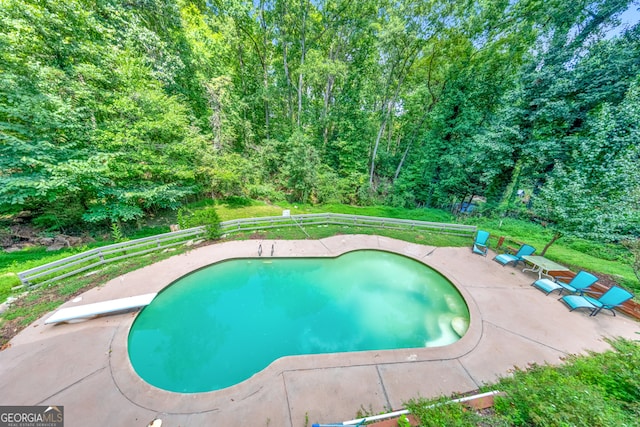 view of swimming pool with a diving board