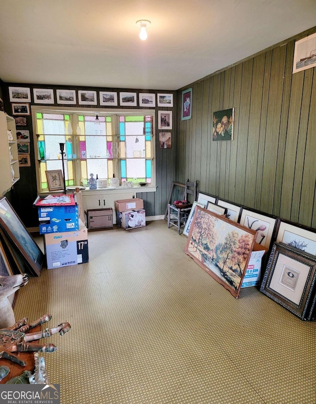 recreation room featuring wood walls