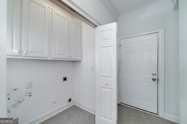 clothes washing area with hookup for an electric dryer, gas dryer hookup, light colored carpet, and ornamental molding