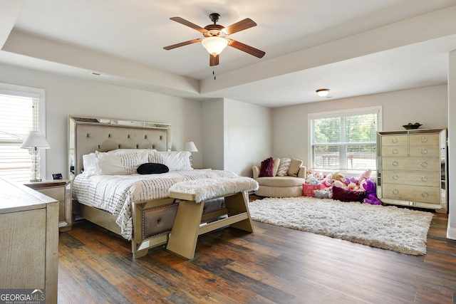 bedroom with ceiling fan, dark hardwood / wood-style floors, and a tray ceiling