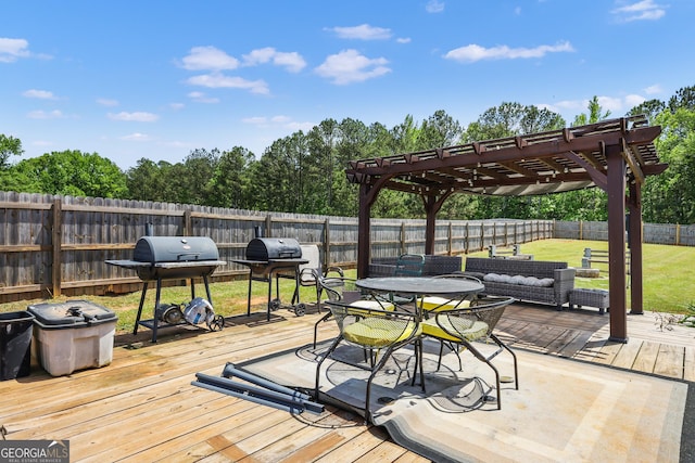 deck featuring an outdoor living space, a pergola, grilling area, and a yard