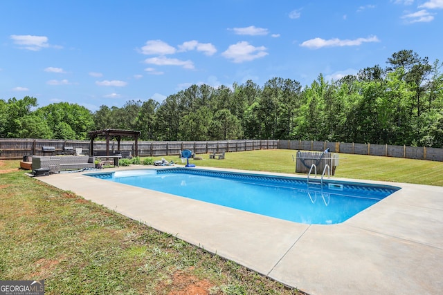 view of pool featuring a lawn and a pergola