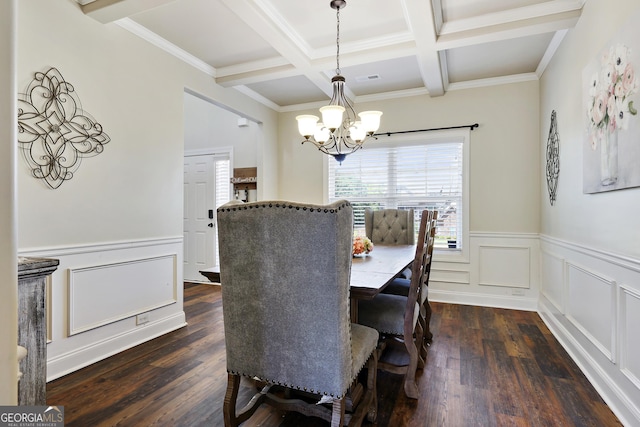 dining area with coffered ceiling, crown molding, beam ceiling, a notable chandelier, and dark hardwood / wood-style floors