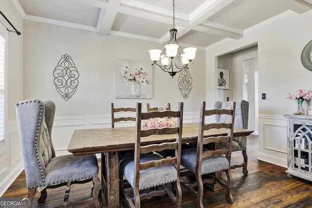 dining space featuring coffered ceiling, dark hardwood / wood-style flooring, beamed ceiling, a notable chandelier, and crown molding