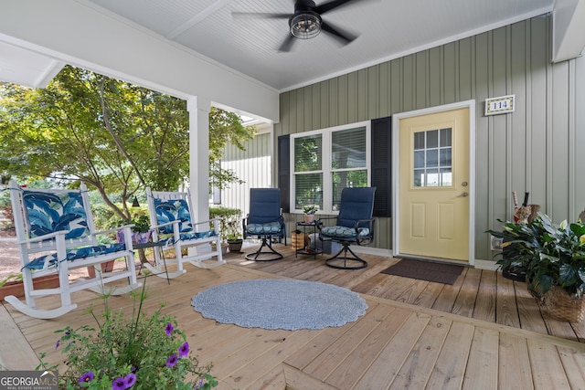 exterior space with ceiling fan