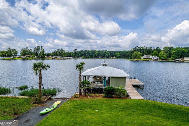 view of water feature with a dock