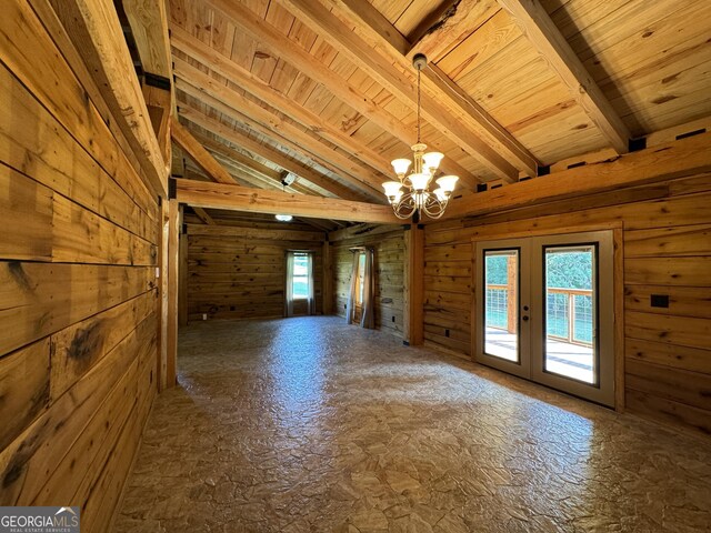 unfurnished living room with wood walls, beam ceiling, wood ceiling, and a chandelier