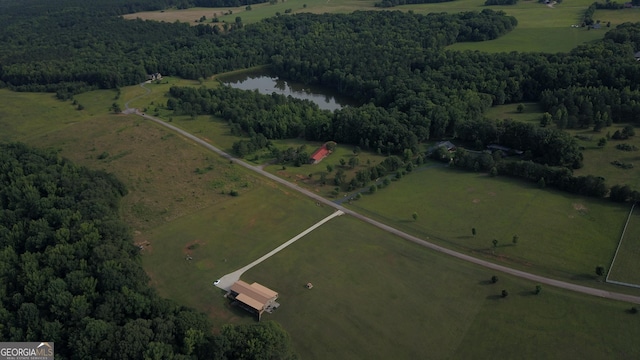 bird's eye view featuring a water view and a rural view