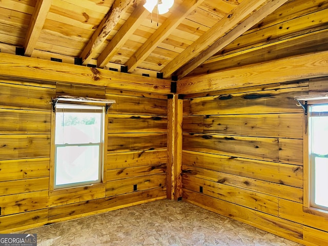 bonus room featuring vaulted ceiling with beams, wooden ceiling, and wooden walls