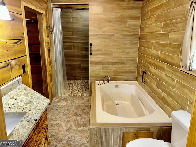 bathroom featuring vanity, toilet, tile walls, and a bathing tub