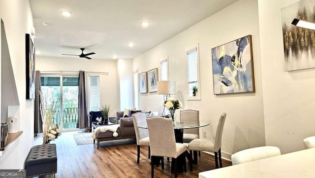 dining space featuring ceiling fan and wood-type flooring