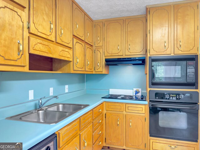 kitchen with sink, a textured ceiling, and black appliances