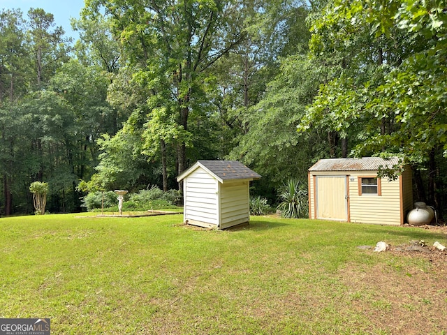 view of yard featuring a storage unit