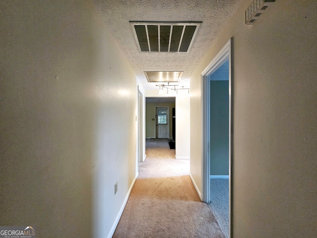 hall with carpet and a textured ceiling