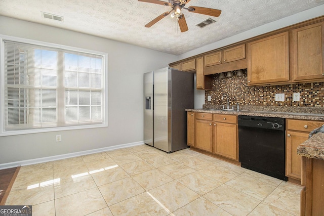 kitchen with ceiling fan, a textured ceiling, black dishwasher, tasteful backsplash, and stainless steel fridge with ice dispenser